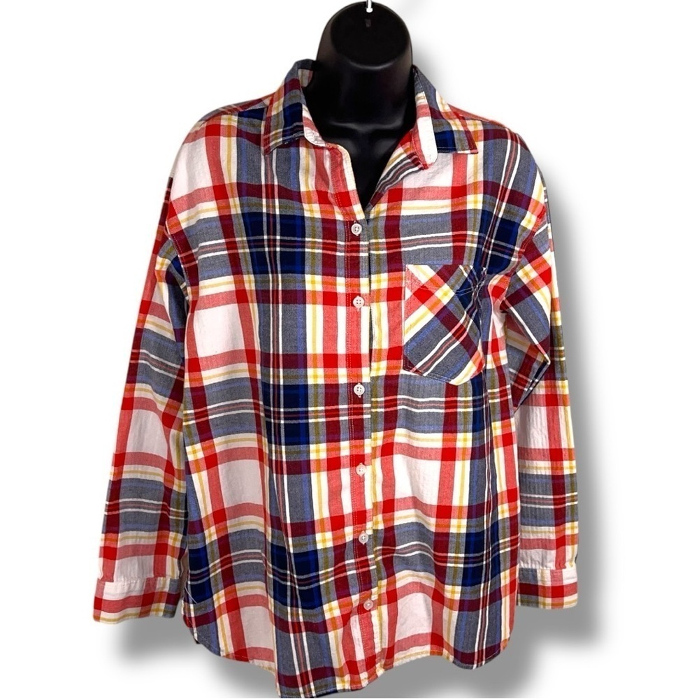 Medium Old Navy Plaid Flannel Button Front Long Sleeve Top Women’s Red Blue